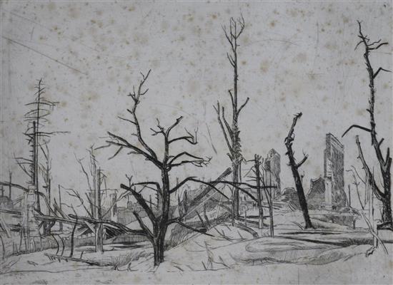 Sir William Rothenstein (1872-1942), drypoint etching, War Desolation The Flanders Front, 20 x 26.5cm, unframed